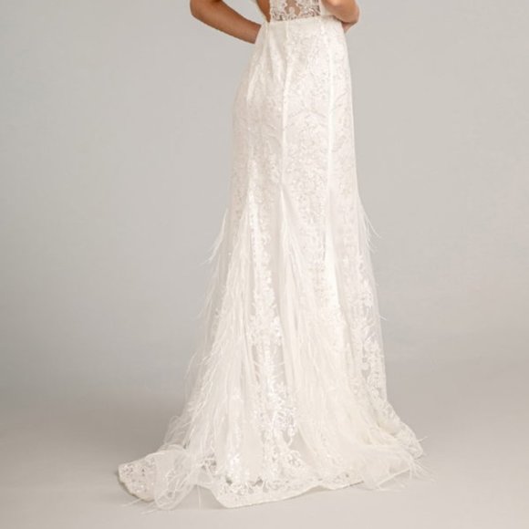 WHITE Feather Embellished Sleeveless Glitter Mesh Prom Dress Sheer Back GL1983 - Picture 5 of 8